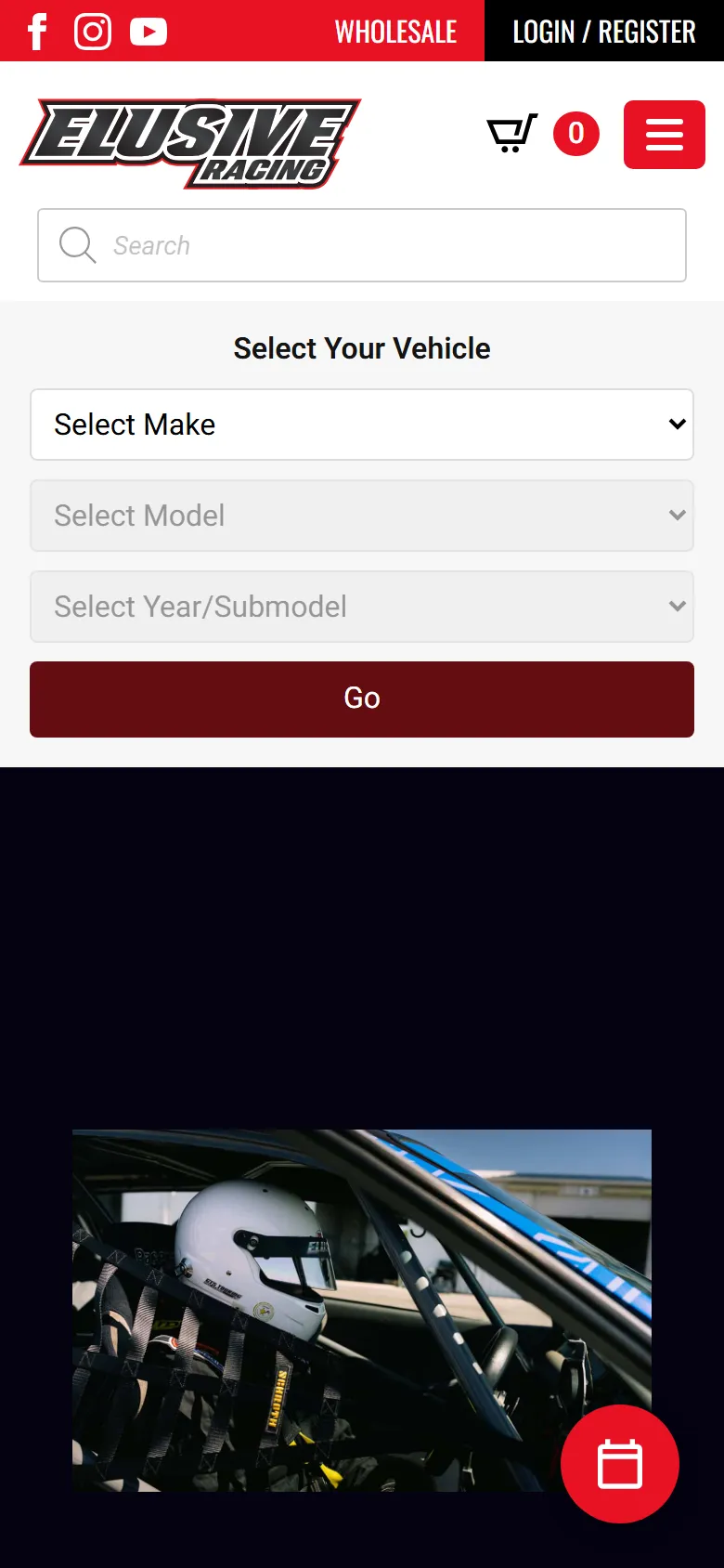 Elusive Racing homepage on mobile