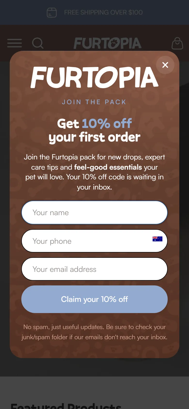 Furtopia homepage on mobile
