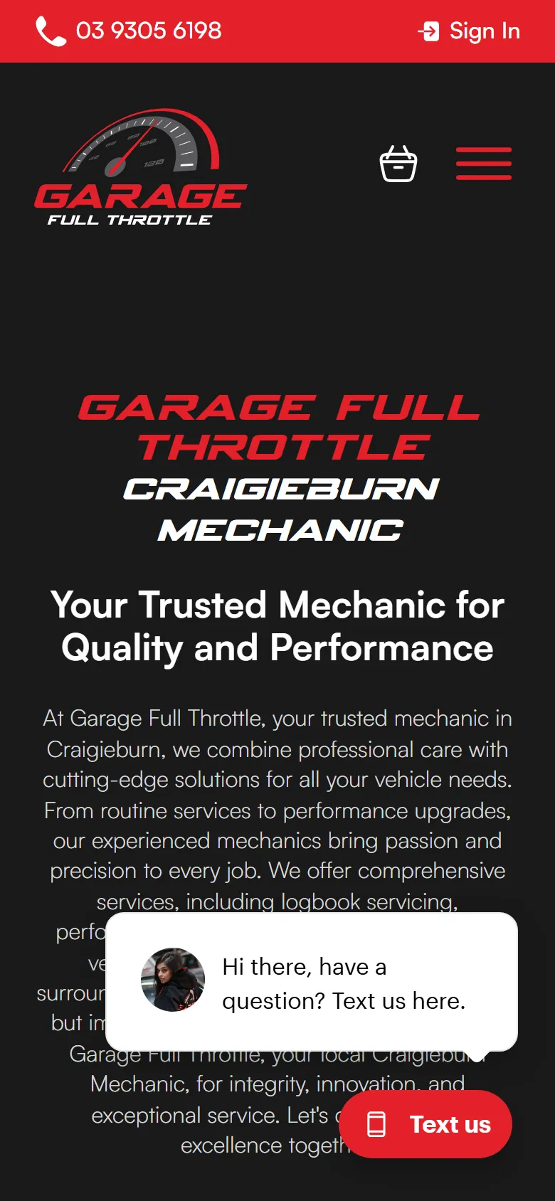 Garage Full Throttle homepage on mobile