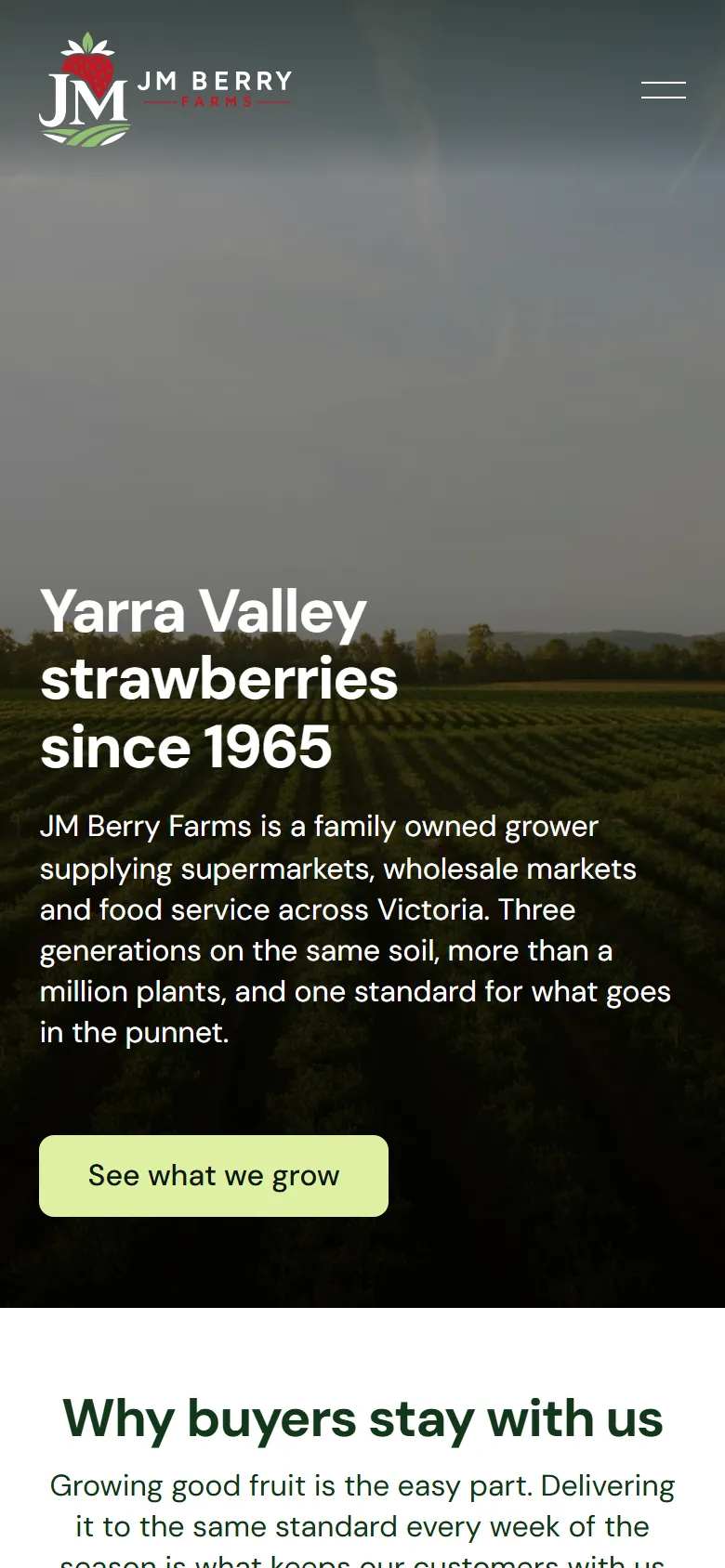 JM Berry Farms homepage on mobile