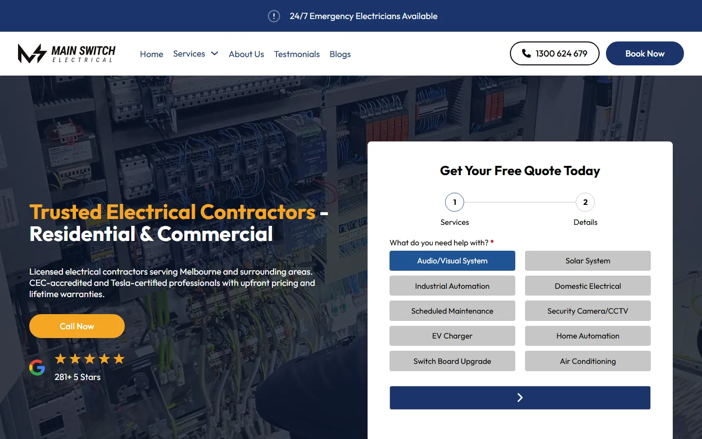 Main Switch Electrical homepage on desktop