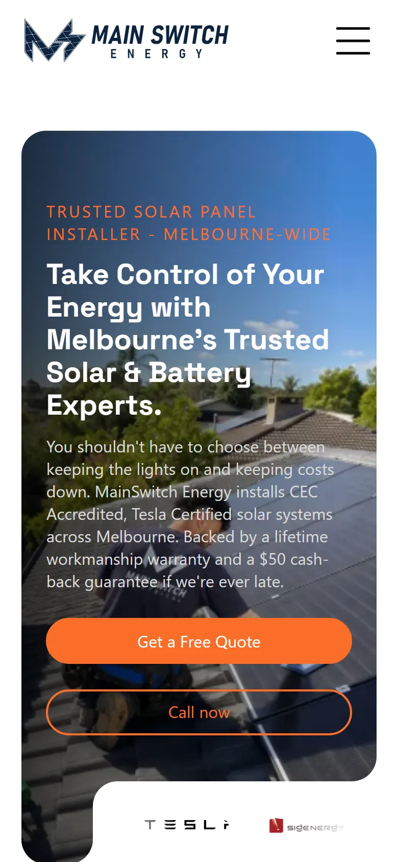 MainSwitch Energy homepage on mobile